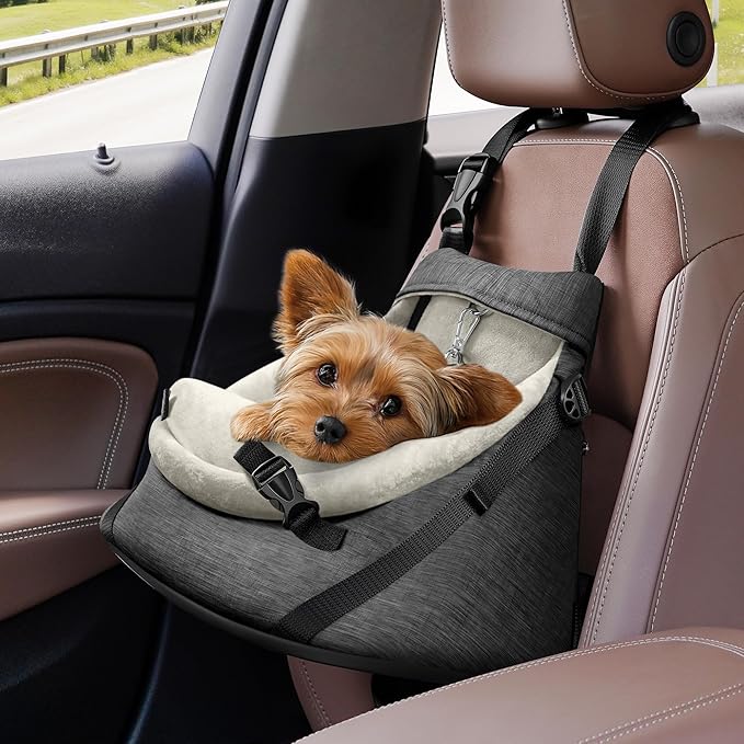 YUDODO Small Dog Car Seat Under 7lbs Luxury PU Leather Dog Booster Seat with Safety Belt, Soft Cushion, Can be Used as Pet Front Carrier Backpack Gray