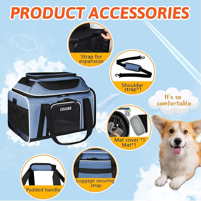 Petskd Top and Side Expandable Pet Carrier 17x12x8.5 Inches JetBlue Frontier Spirit Airline Approved, Soft-Sided Carrier for Small Cats and Dogs with Locking Safety Zippers and Anti-Scratch Mesh(Blue)