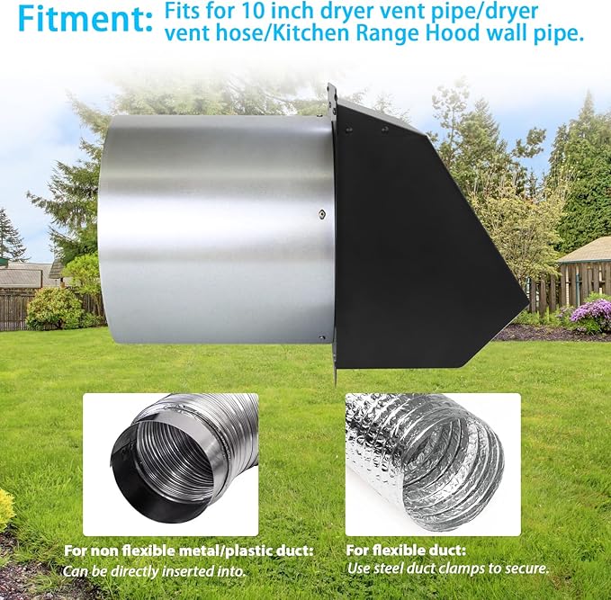 10" Hooded Wall Exhaust Vent Cover Outdoor Hooded Wall Vent with Screen and Damper,Outside Exhaust Dryer Vent Cover Exterior Wall Vent Cover for House Kitchen Range Hood Dryer,Black Hood Wall Vent Cap
