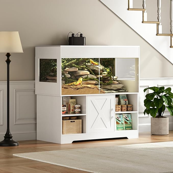 120 Gallon Terrarium with Stand, 4x2x2 Reptile Enclosure Tank for Bearded Dragons Snakes Lizards, Large Vivarium Habitat with Storage & Power Strip White PX07RTW