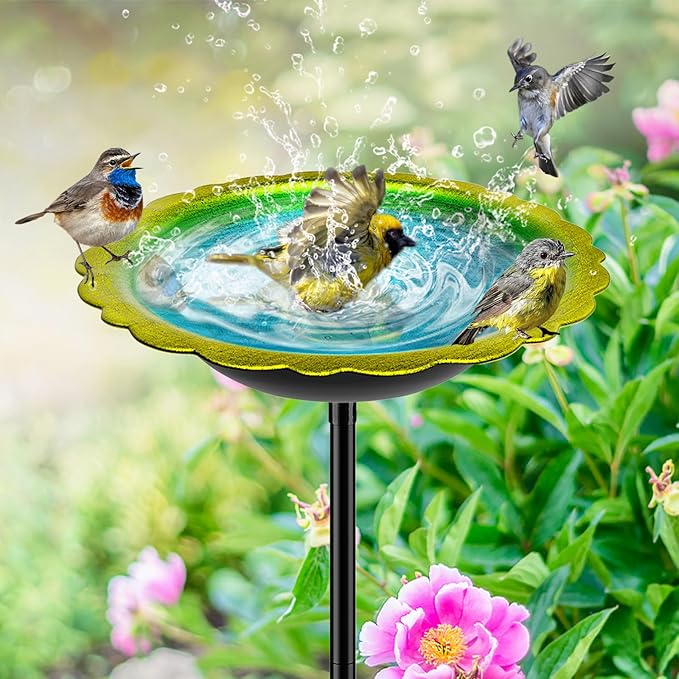 38In Bird Bath for Outside, Metal Birdbath Bowl Decorated Metal with 5 Prong Base Stand Outdoor Bird Baths Bird Feeder Garden Decor Yard Art (Blue-Green)