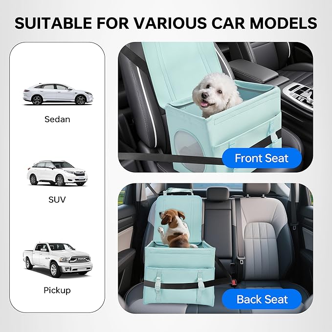 Dog Booster Car Seat with Washable Removable Cover for Small Dogs up to 13 lbs,Fits Car Truck SUV,(Green).