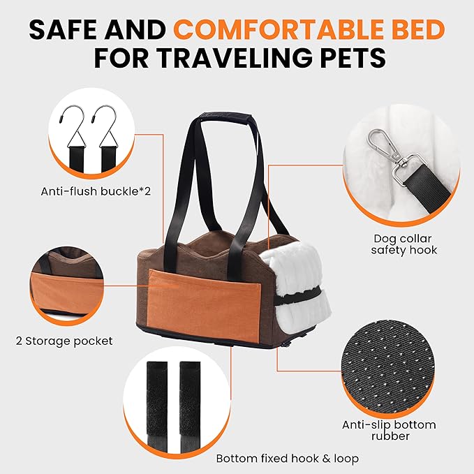 Center Console Dog Car Seat for Small Dogs with Bunny Fleece, Anti-Slip Booster Car Seat with Collar Hook, Triple Protection, Portable Washable, for Pets Up to 13.5lbs (Brown-Orange)