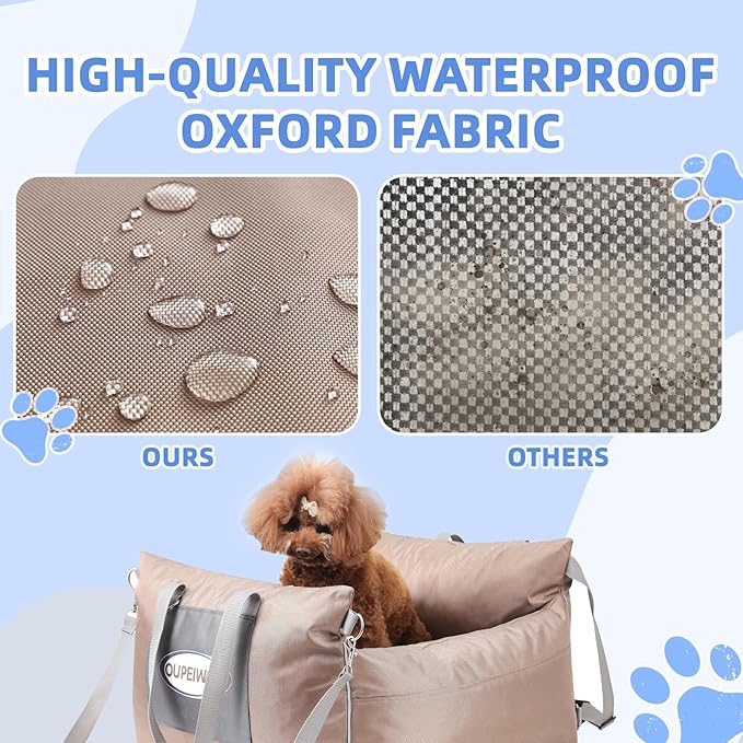 Dog Car Seats for Small & Medium Dogs, Waterproof Dog Booster Seat with Storage Pockets Soft Travel Bed with Clip-On Safety Leash and Secure Straps Puppy Travel Carrier Bed, Light Brown