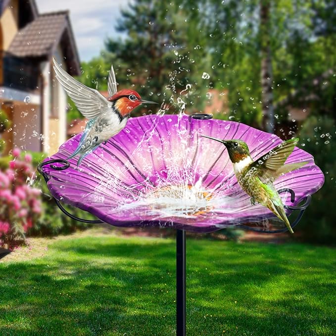 HONGLAND 29 Inch Height Bird Baths for Outdoors, Glass Birdbaths Outdoor Birdfeeder Flower Pattern with Metal Stake-Purple