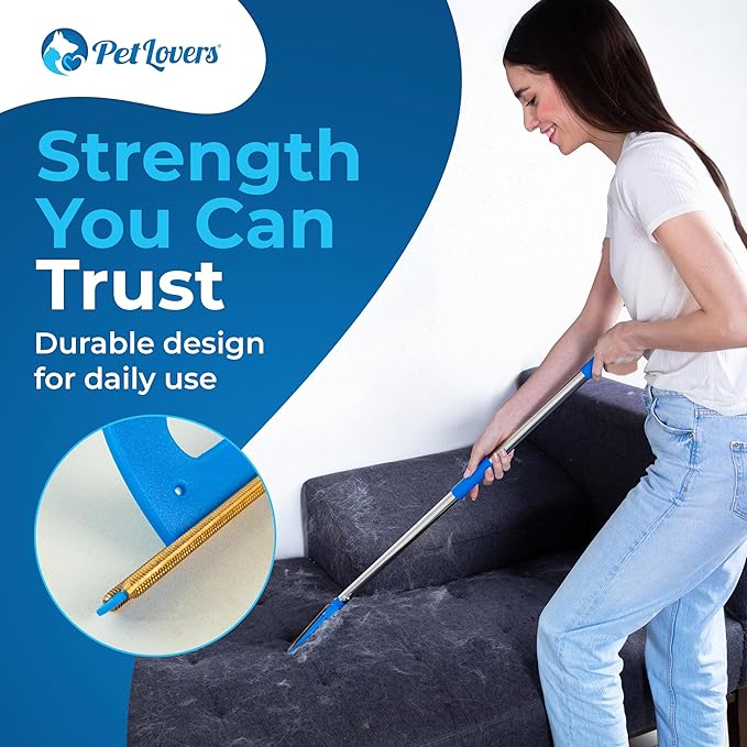 PetLovers EzLint Mega 52" Carpet Rake & Pet Hair Removal Tool – Dog & Cat Hair Remover Broom with Adjustable Handle & Extra Wide Head for Carpets, Rugs & Stairs, Blue