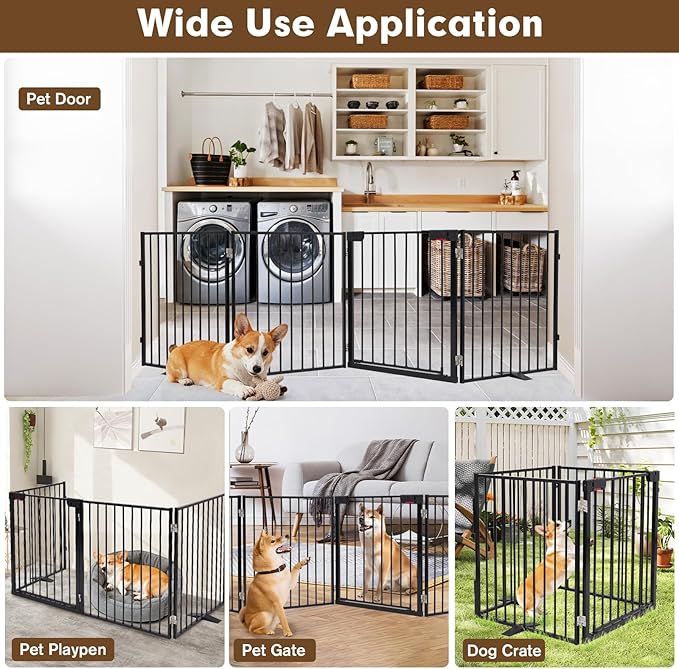 104" Extra Wide Dog Gate, Heavy Duty Metal Freestanding Dog Gate with Door for Indoor & Outdoor, Foldable Pet Fence for Doorways,House,Porch,Deck,Yard,Stairs, Auto Close(4 Panels,Black)
