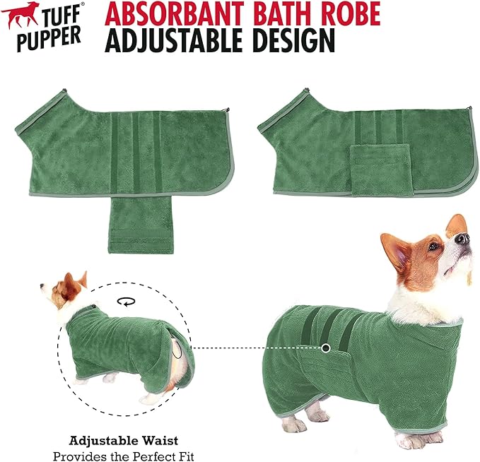 Tuff Pupper Fast Drying Dog Bath Robe | 800 GSM Plush Dog Towel Bathrobe/Dressing Gown | Super Absorbent Pet/Puppy Bathrobe | Adjustable Hood & Belly Strap | Super Soft | Fast Drying (XXXL, Green)