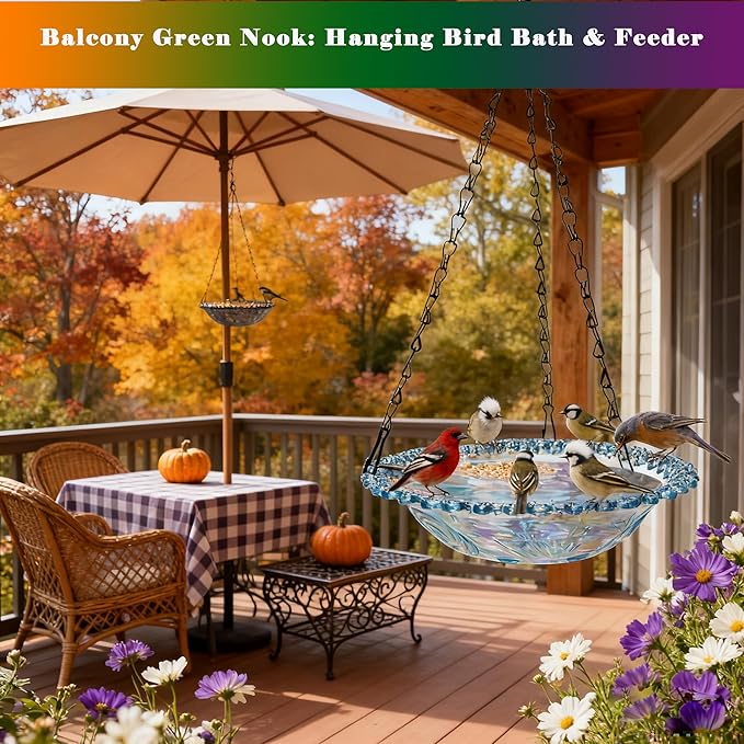 4 Pack Super Value Hanging Plastic Bird Baths and Feeders for Outdoors Bird Water Bowls and Seed Trays Set Attract Wild Birds Garden Yard Decor Gift (Blue Pink Gray Purple)
