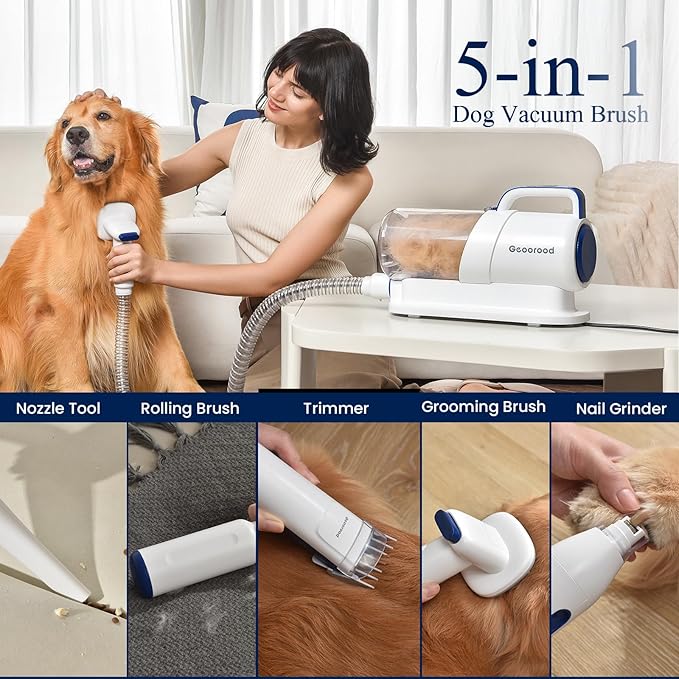 Dog Grooming Vacuum Kit, 5 in 1 Pet Hair Grooming Tools 13000Pa 2.2L Dust Cup with Clippers for Dogs Cats Shedding Brush Remover at Home Bule