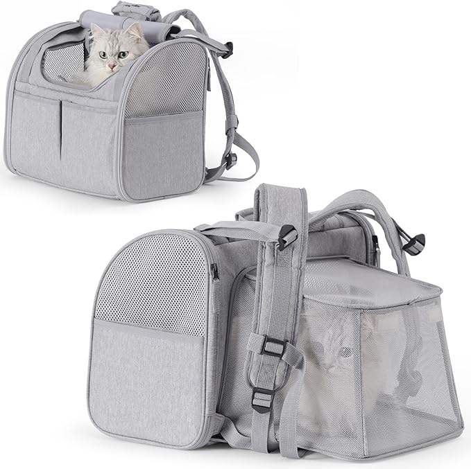 FUKUMARU Cat Backpack, Expandable Backpack for Small Dog with 4 Storage Pockets, Under 10 Lbs Soft Sided Dog Backpack Carrier for Travel Hiking Camping Outdoor, Grey