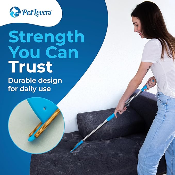 PetLovers EzLint Mega 52" Carpet Rake & Pet Hair Removal Tool – Dog & Cat Hair Remover Broom with Adjustable Handle & Extra Wide Head for Carpets, Rugs & Stairs Ocean Blue