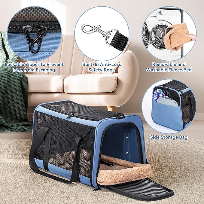 PETSFIT Cat Car Carrier for Medium Cats Dogs, 19"x12"x12" TSA Approved Pet Carrier, with Patent Safety Buckles and Escape-Proof Zipper - Safeguarding Car Travel, Vet Visit, Outdoor