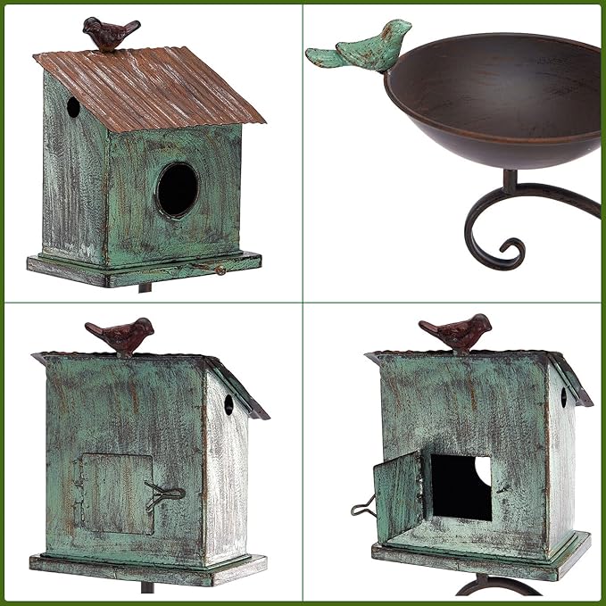 Bird Baths and BirdHouses with Pole, Distressed Metal Bird Bath Bowl and Birdhouse Stake for Outdoor Garden Yard Decoration (Bird Baths/BirdHouses-C)