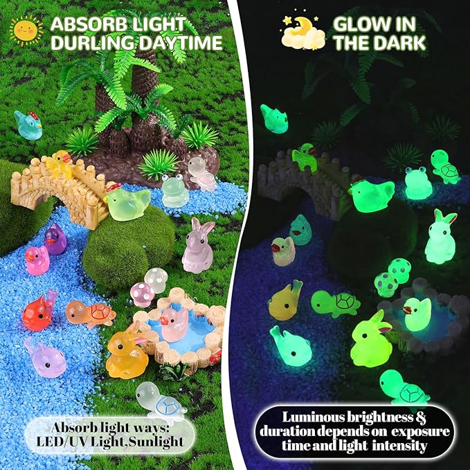 110PCS Mini Resin Animals Tiny Cute Glow Figures in Dark, Miniature Figurine to Hide, Little Animal Toys Small Accessories for Topper Desk Garden Dollhouse Landscape Aquarium Ornaments Crafts & Decor