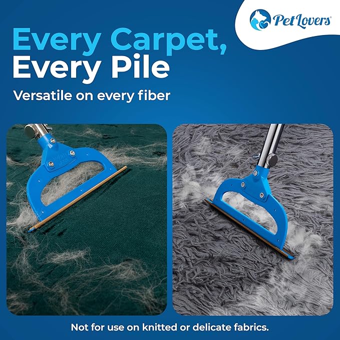 PetLovers EzLint Mega 52" Carpet Rake & Pet Hair Removal Tool – Dog & Cat Hair Remover Broom with Adjustable Handle & Extra Wide Head for Carpets, Rugs & Stairs, Blue