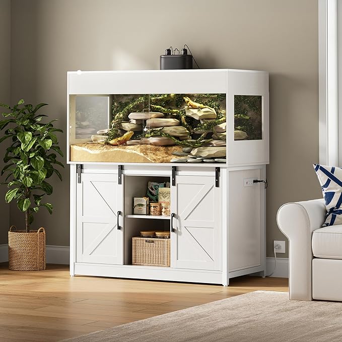 120 Gallon Reptile Terrarium with Stand, 4x2x2 Bearded Dragon Enclosure for Snakes Lizards, Large Vivarium Tank with Storage Cabinet, Acrylic Doors, Mesh Lid, Power Outlet White PX04RTWW