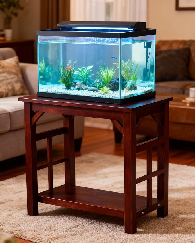 10-20 Gallon Solid Cherry Wood Fish Tank Aquarium Stand, Heavy Duty 220lb Load Capacity, Compact Accessories Storage Shelf, Brown Wood Tank Table, 25.5 x 13.7 x 25.5 in