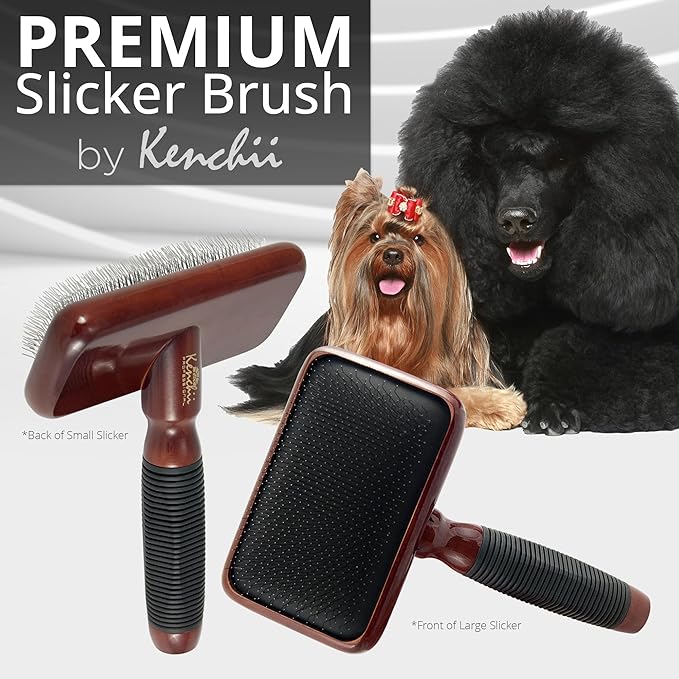 Kenchii Slicker Brush for Dogs, Professional Dog Grooming Brush for Loose Fur, Tangles, Long Short Haired, Stainless Steel Pins, Maplewood Handle, Large