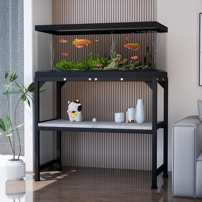 10-20 Gallon Fish Tank Stand, Metal Aquarium Stand with Adjustable Non-Slip Foot and Wooden Shelf, Reptile Tank Stand Easy to Assemble for Home Office, Firm and Steady(Tank not Included)