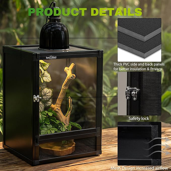 12"x12"x18" Reptile Terrarium, Hybrid Cage PVC Habitat Enclosure with Screen & Acrylic Doors, Ventilated Tank for Gecko,Chameleon, Snake, Frog, Easy Assembly, Front Dual Access