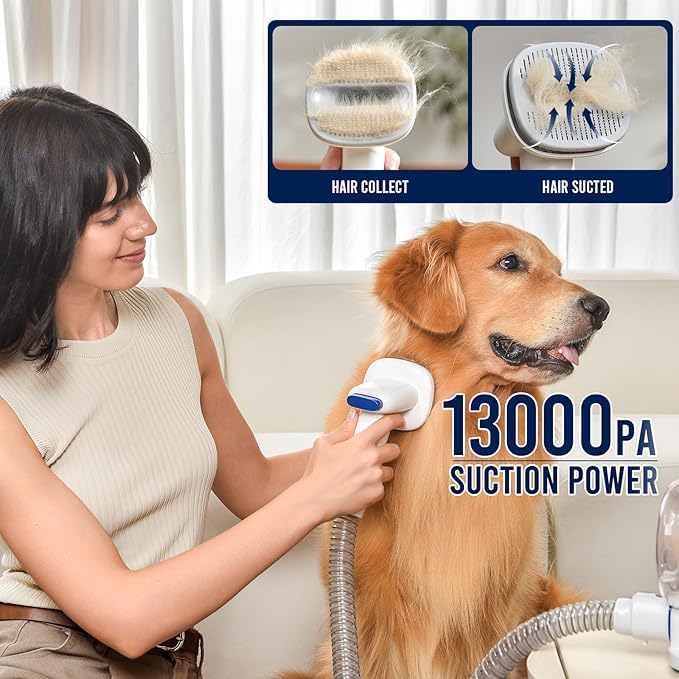 Dog Grooming Vacuum Kit, 5 in 1 Pet Hair Grooming Tools 13000Pa 2.2L Dust Cup with Clippers for Dogs Cats Shedding Brush Remover at Home Bule