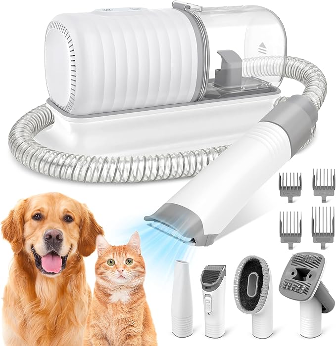 Dog Grooming Vacuum Kit, Pet Grooming Vacuum with Electric Dog Hair Clipper, Grooming Brush, Cleaning and Crevice Tool with 1.5L Dust Cup 5 Grooming Tools for Shedding Pet Hair, Home Cleaning