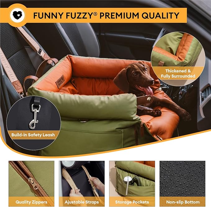 FUNNYFUZZY Dog Car Seat for Medium Sized Dogs, Waterproof 3 in 1 Soft Leather Dog Car Bed for Travel and Home,Portable and Safety,Fits Pets Up to 35 lbs(Green)
