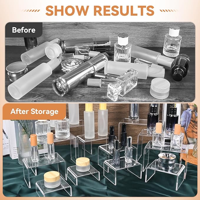 12 Pcs Small Size Acrylic Display Risers, 2 Sets Acrylic Risers Display Stands, 0.15" Thick Clear Shelf Riser, Risers Display Stands for Perfume, Dessert, Candy, Figure, Toys, Jewelry Showcase