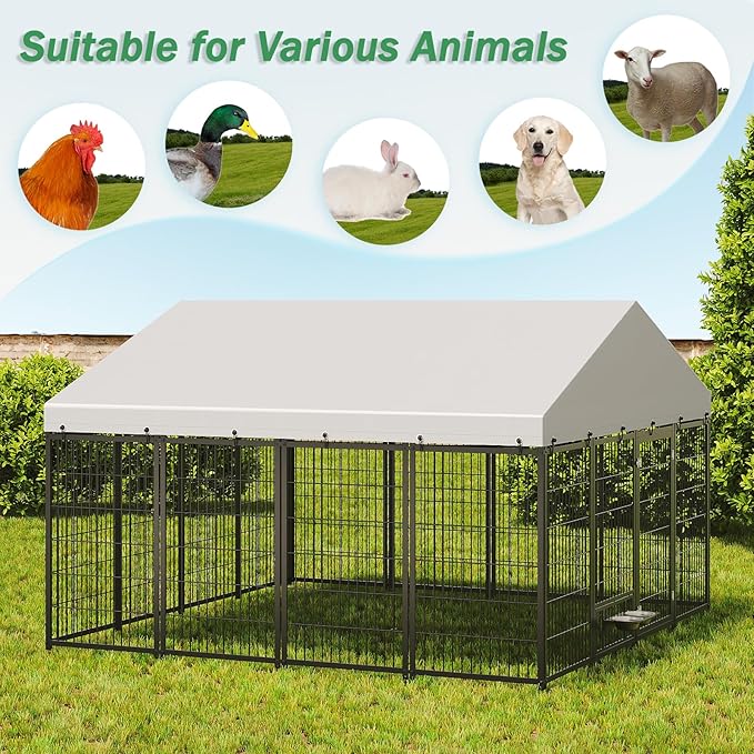 10x10ft Large Dog Kennel Outdoor with Roof, Covered Heavy Duty Dog Pen with Feeding Door, Steel Enclosure Fence with Dual Safety Locks, XL Outside Dog Cage for Large Dogs