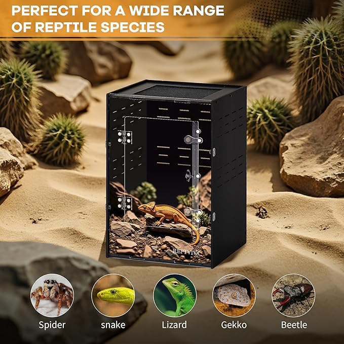 11"x11"x16" PVC Reptile Tank Enclosure - 5-Sided Blackout Terrarium with Mesh Top for Crested Geckos, Small Lizards, Tree Frogs & Arboreal Pets
