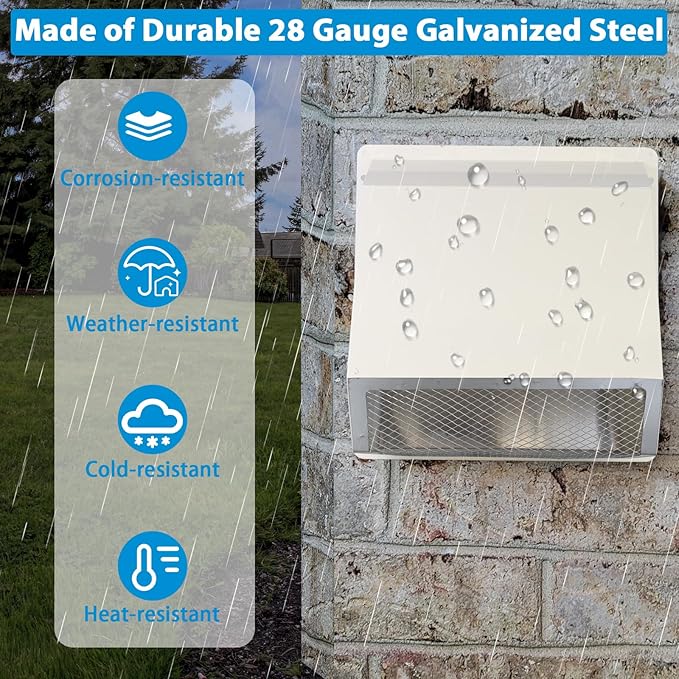10" Hooded Wall Vent with Screen and Damper,Outdoor Wall Mount Exhaust Vent Cover Cap Dry Vent Hood Air Ventilation for Kitchen Range Hood HVAC Duct House and Industrial Facilities, White