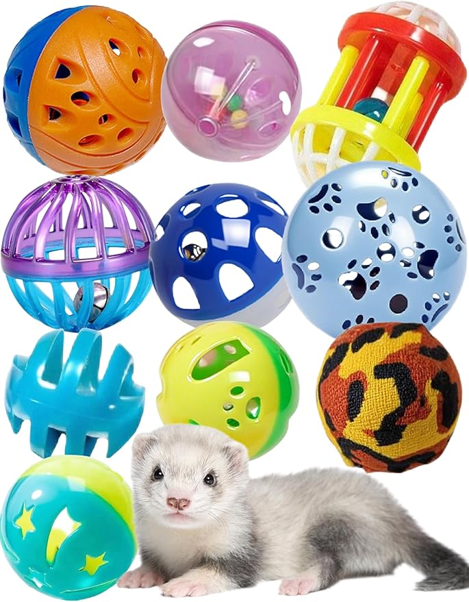 10-Pack Resilient Ferret Toys, Colorful Teething Balls, Bells, Interactive Stimulation, Easy-Clean for Oral Health (1.5'' - 2.7'', Ferret Toys Mega Set)