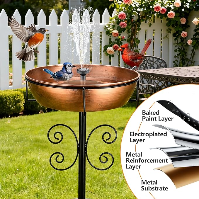 3" Deep 43" Tall Metal Bird Bath for Outdoors, 12" Dia Removable Bird Baths Water Bowl for Outside, Vintage Standing Birdbaths with Stable Stake for Garden Yard Lawn Decor 1.4 Gallon