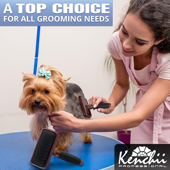 Kenchii Slicker Brush for Dogs, Professional Dog Grooming Brush for Loose Fur, Tangles, Long Short Haired, Stainless Steel Pins, Maplewood Handle, Small