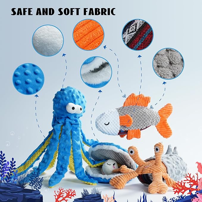 Nocciola Crinkle Squeaky Blue Octopus Dog Toy - Ocean Theme Stuffed Interactive Rope Toys for Small, Medium & Large Dogs - Durable for Aggressive Chewers (Shell)