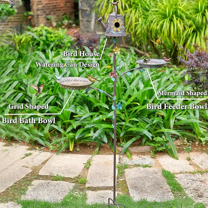 Bird Baths and Bird Houses with Pole, 67.9" H Metal Bird House Stake, Standing Bird Feeder and Bath Combo, Birdhouses for Outdoors, Tall Bird Bath with 4-Prong Stake for Outside Garden Decor