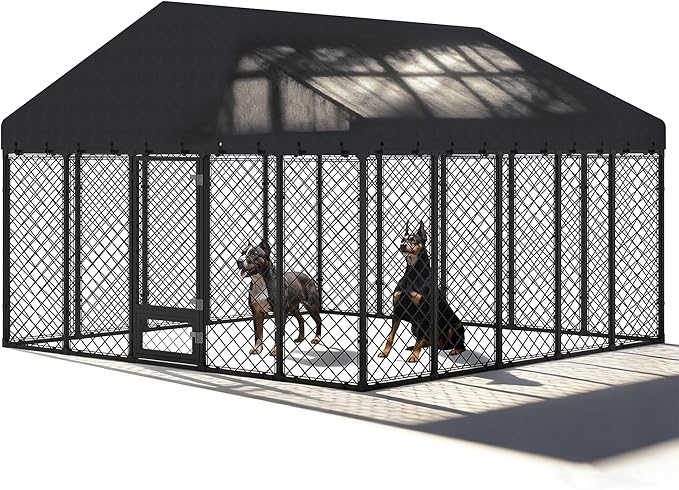 10x10x6.4 FT Large Outdoor Dog Kennel with Roof, Heavy Duty Anti-Rust Metal Dog Enclosure Fence for All Weather Resistant, Secure Double Locks for Large Dogs Outsides