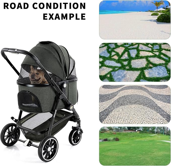Kenyone Pet Stroller 3 in 1 Dog Cart for Medium Small Size Dogs, Large Cat Stroller with Detachable Carrier for Puppies, Doggies, Kitties, Bunnies (Olive)