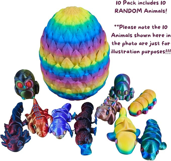 10 Pack Mystery Mini Animal Packs - 3D Printed Animals Articulating Figurines - Unique and Fun Designs Includes Mystery Egg - Stress Relief (Mystery Gemstone 10)