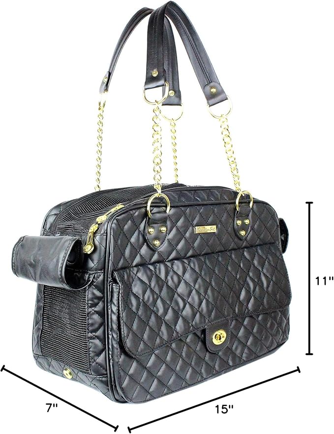 Parisian Pet Dog Purse - Fashion Pet Carrier for Small & Medium Dogs - Breathable, Black, Golden Chain Puppy Carrier Handbag