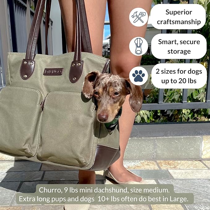 DJANGO Waxed Canvas & Leather Dog Carrier Tote Bag – Premium Soft-Sided Travel Dog Purse with Safety Leash, WR Lining, Zipper Pockets – Everyday Pet Carrier for Small Dogs up to 20 lbs (Olive, Large)
