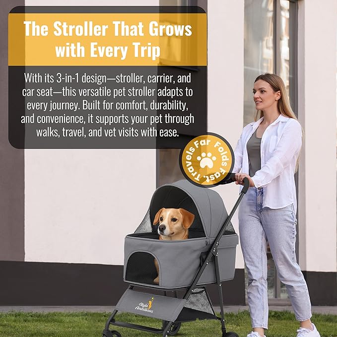 3 in 1 Pet Stroller - Foldable Dog Stroller & Pet Carrier - Included with Storage Bag, Cup Holder & Pet Leach - Cat Carrier with Detachable Basket & Breathable Canopy (Grey)