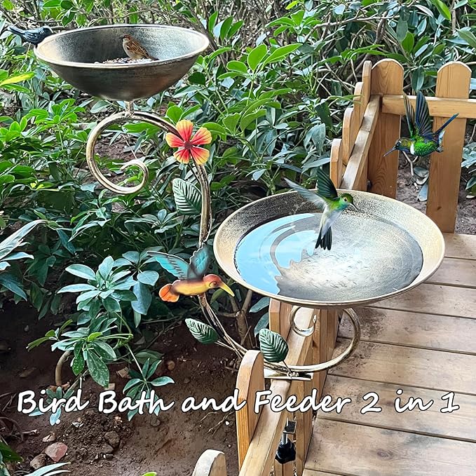 Deck Bird Bath and Feeder, Metal Decorative Bird Bath for Deck Railing, Detachable Balcony Bird Baths, Antique Gold Birdbath with Adjustable Clamp for Outdoors Patio Porch Garden Rail Mount