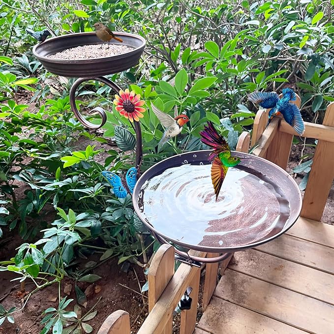 Deck Bird Bath, Metal Birdbath and Feeder for Balcony Railing, Decorative Deck Mounted Bird Baths, Outdoor Birdbath Feeders with Adjustable Heavy Duty Clamp for Patio Porch Garden