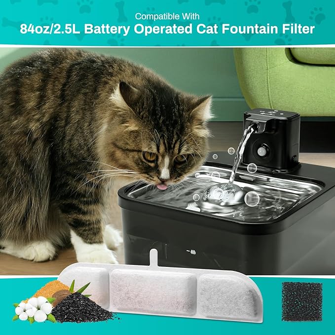 12 Packs Replacement Filters for Battery Operated Cat Water Fountain, 6 Set Pet Fountain Filter for 84oz/2.5L Wireless Cat Drinking Fountain Indoor, Stainless Steel Cordless Multi-Filtration System