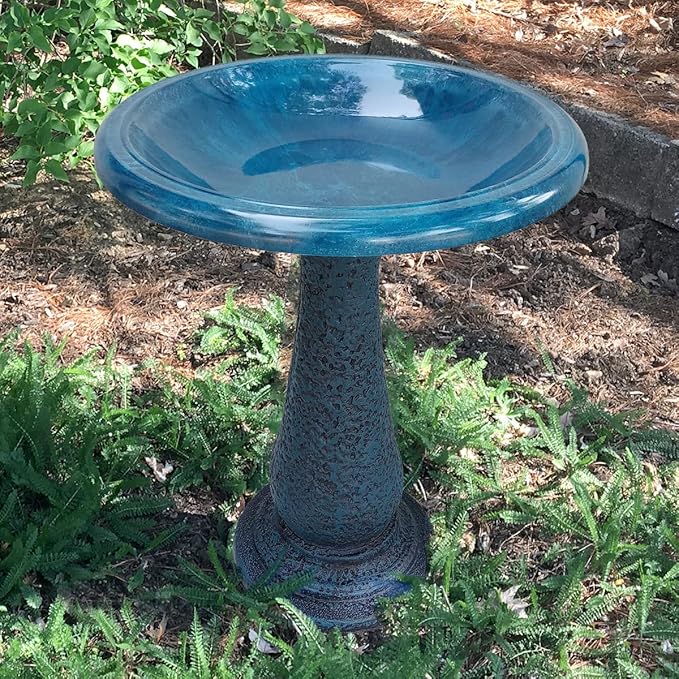 Birdbath for Outdoors - 24" Azure Blue Fiber Clay Bird Bath Bowl and Stand, Easy Assembly UV-Resistant Bird Baths for Outside, Outdoor Decor Pedestal Birdbaths, Garden Decor for Outside
