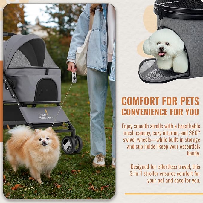 3 in 1 Pet Stroller - Foldable Dog Stroller & Pet Carrier - Included with Storage Bag, Cup Holder & Pet Leach - Cat Carrier with Detachable Basket & Breathable Canopy (Grey)