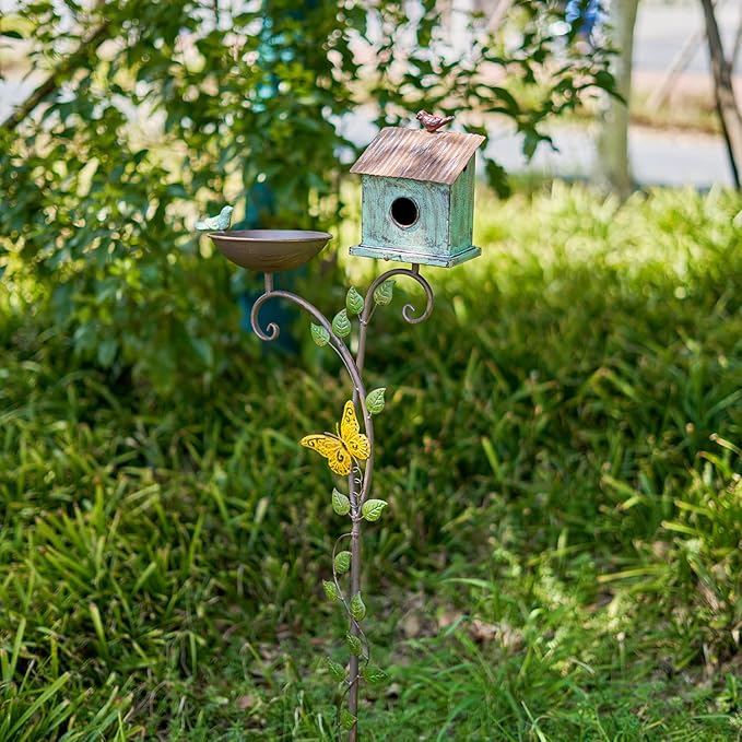 Bird Baths and BirdHouses with Pole, Distressed Metal Bird Bath Bowl and Birdhouse Stake for Outdoor Garden Yard Decoration (Bird Baths/BirdHouses-C)