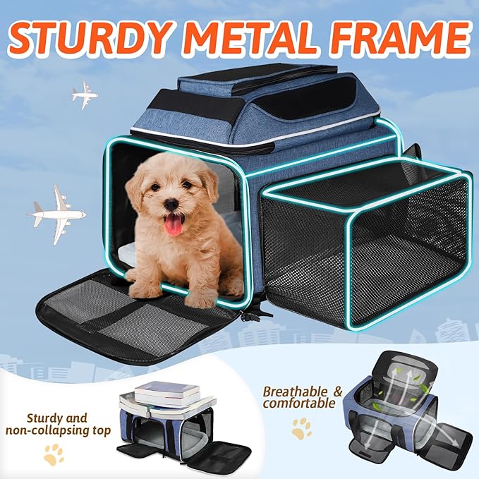 Petskd Top and Side Expandable Pet Carrier 17x11x9.5 Inches Alaska Airline Approved, Soft-Sided Carrier for Small Cats and Dogs with Locking Safety Zippers and Anti-Scratch Mesh(Blue)